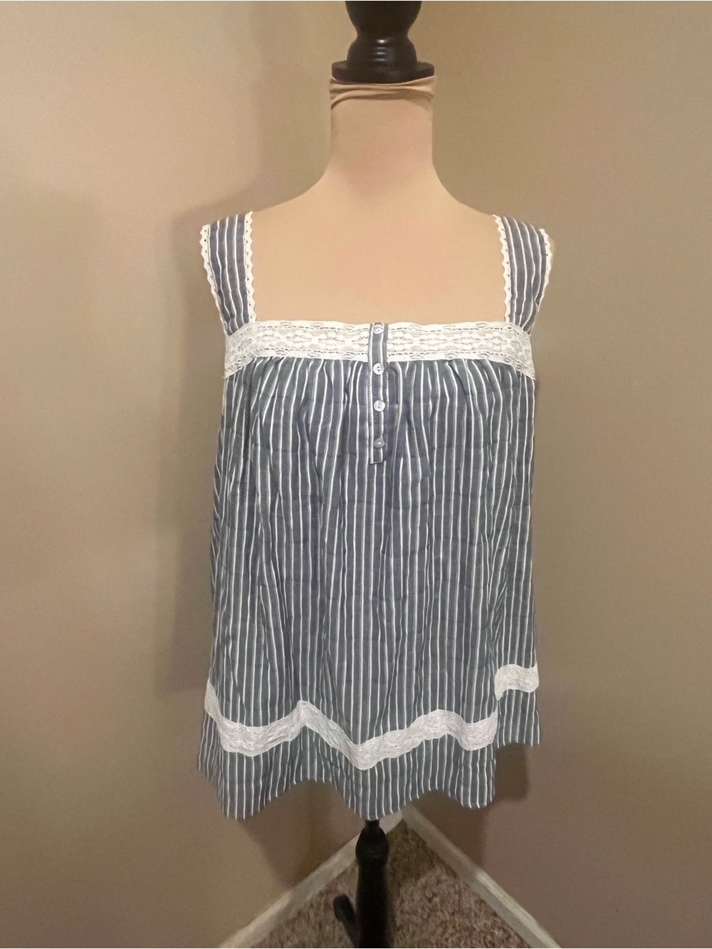 Striped Blue + White Lace Camisole Top, 4X
